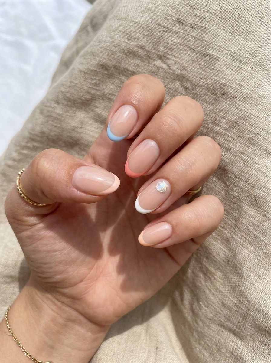 Vacation French Nails mit Baby Blue, Coral, White und Peach Tips